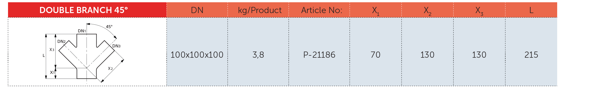 جدول مشخصات فنی چهار راه 45 درجه چدنی - PAG